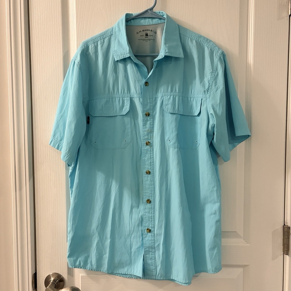 G H Bass Men's Short Sleeve Button Down Blue Large